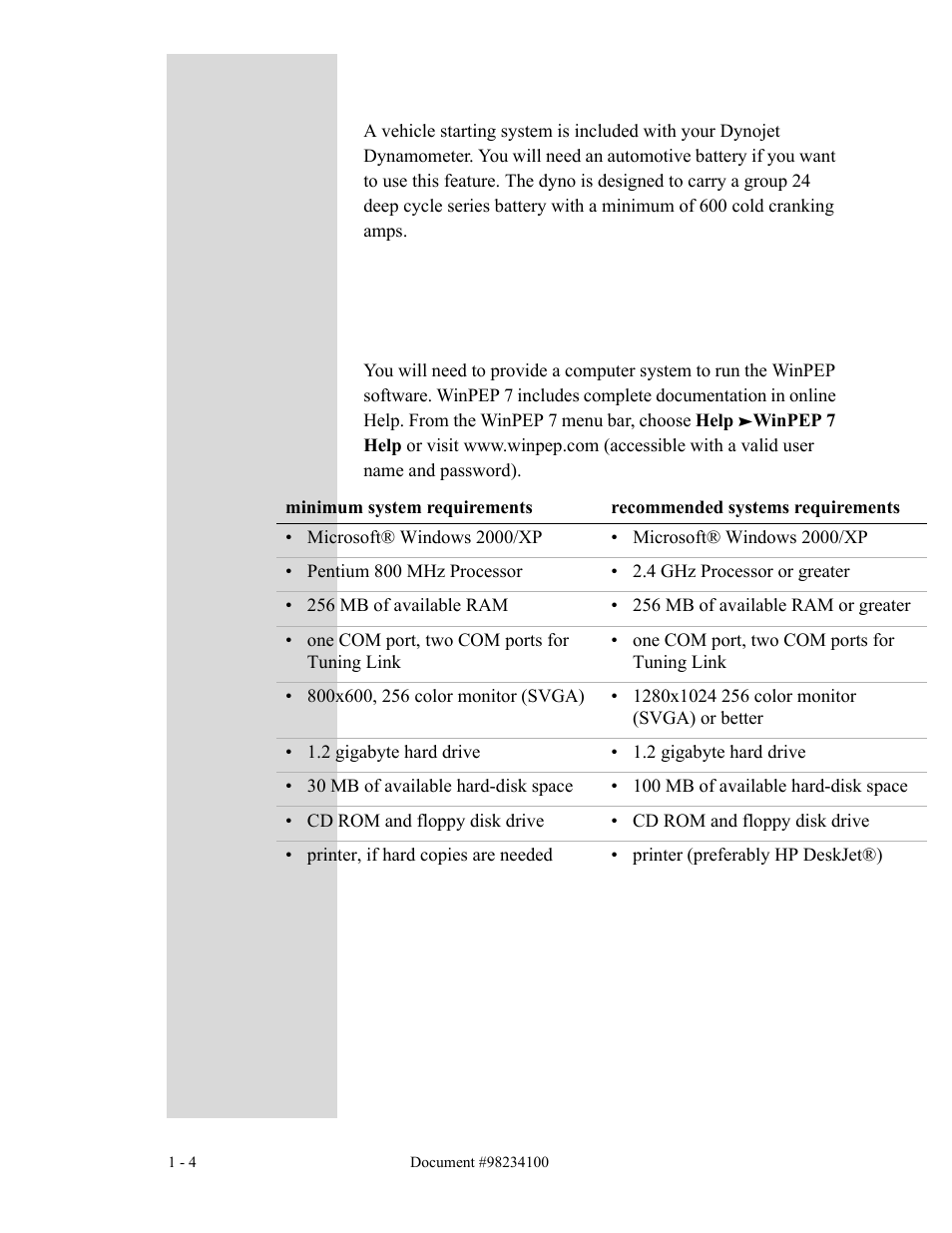 Battery, Computer requirements | Dynojet 198: Kart and ATV Dynamometers User Manual | Page 8 / 44
