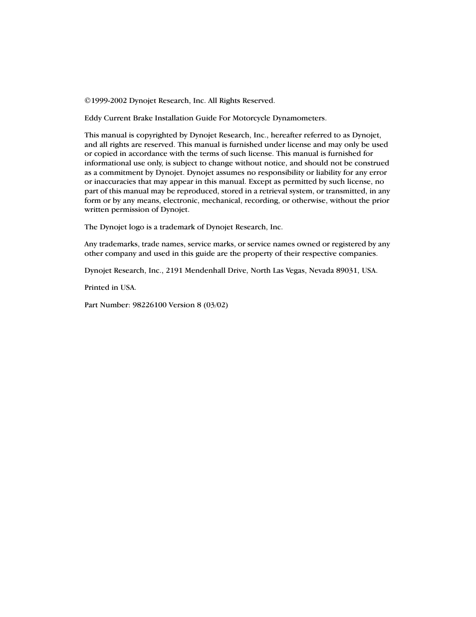 Copyright | Dynojet 150: Eddy Current Brake User Manual | Page 2 / 45