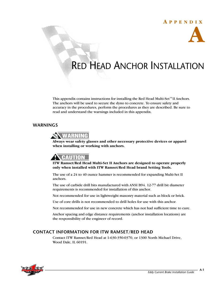 A-red head anchor installation, Warnings, Contact information for itw ramset/red head | Red head anchor installation, Nchor, Nstallation | Dynojet 150: Eddy Current Brake User Manual | Page 35 / 45