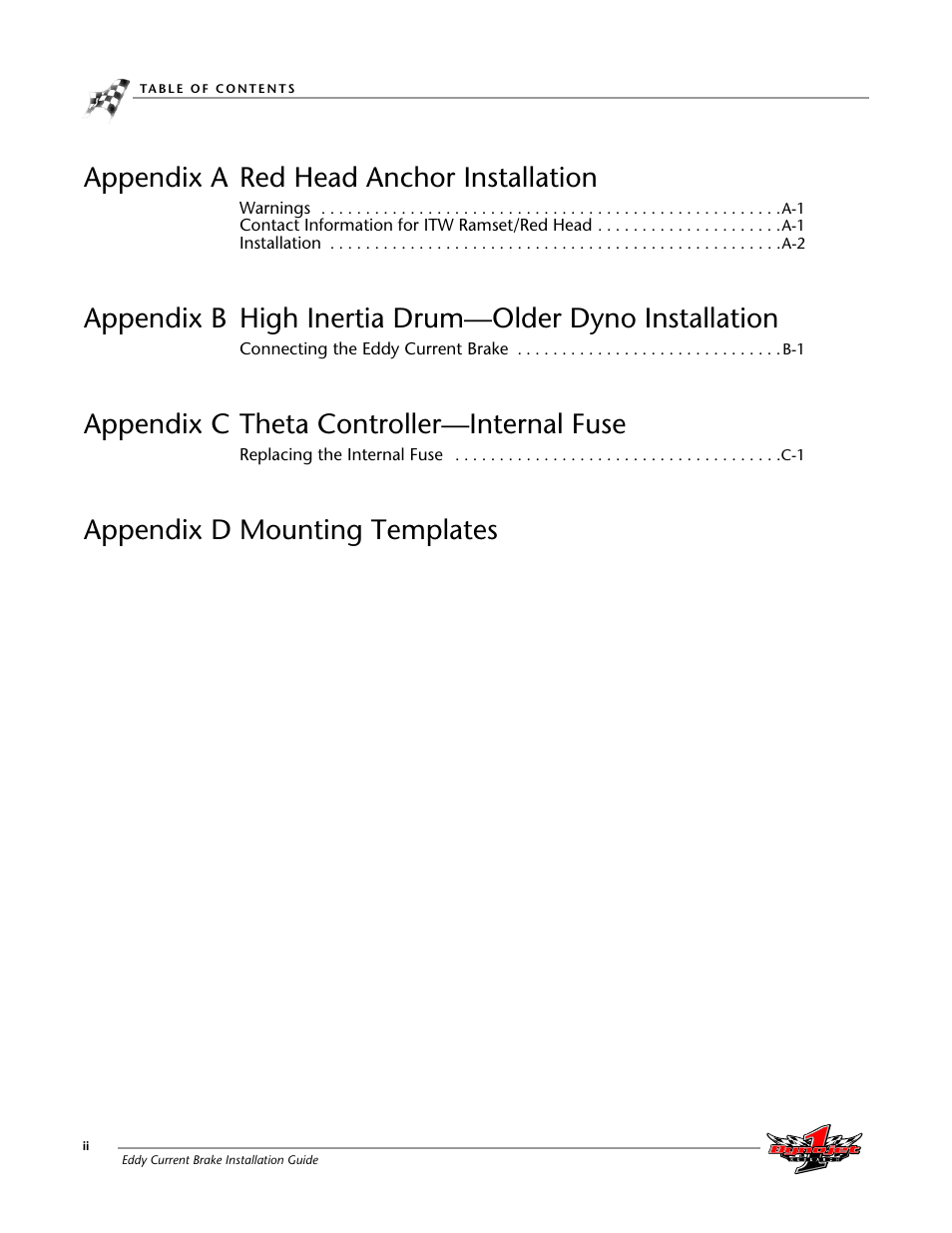 Appendix a red head anchor installation, Appendix c theta controller—internal fuse, Appendix d mounting templates | Dynojet 150: Eddy Current Brake User Manual | Page 4 / 45