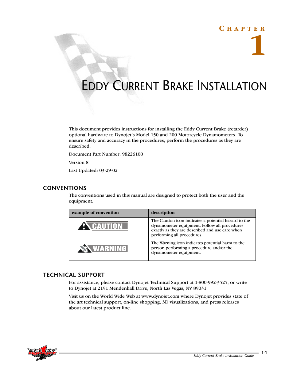 Eddy current brake installation, Conventions, Technical support | Chapter 1, Urrent, Rake, Nstallation | Dynojet 150: Eddy Current Brake User Manual | Page 7 / 45