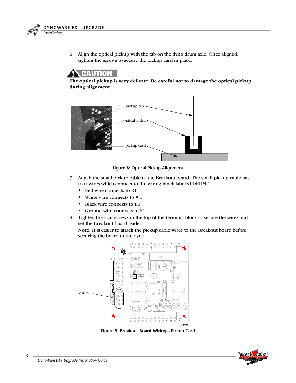 Figure 8: optical pickup alignment, Figure 9: breakout board wiring—pickup card | Dynojet 250: DynoWare EX+ Upgrade User Manual | Page 12 / 20