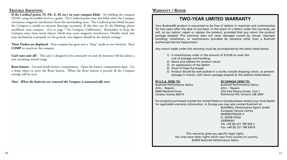 Two-year limited warranty | Bushnell DIGITAL NAVIGATION 70-0001 User Manual | Page 7 / 33