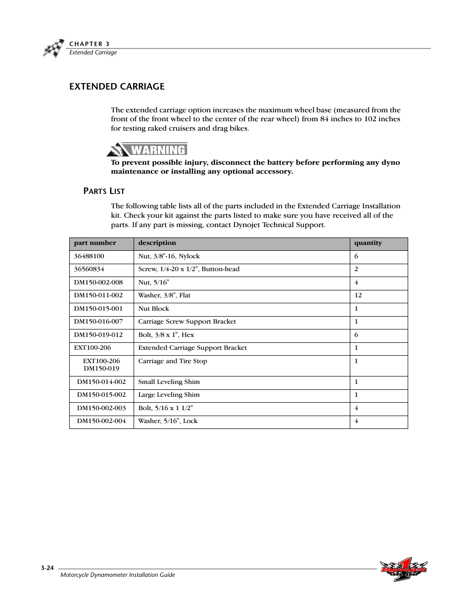 Extended carriage, Parts list | Dynojet 200: Installation Guide User Manual | Page 54 / 73