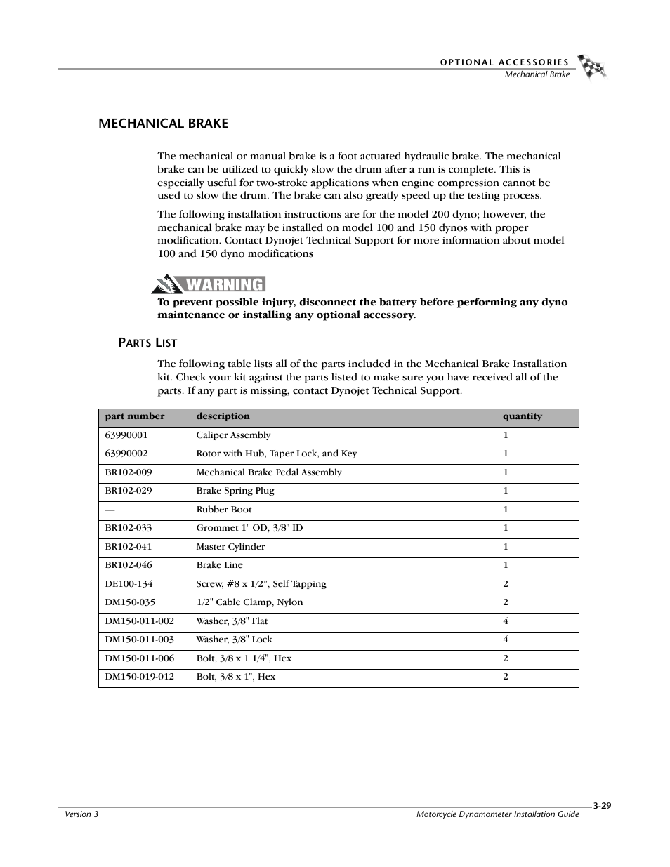 Mechanical brake, Parts list | Dynojet 200: Installation Guide User Manual | Page 59 / 73