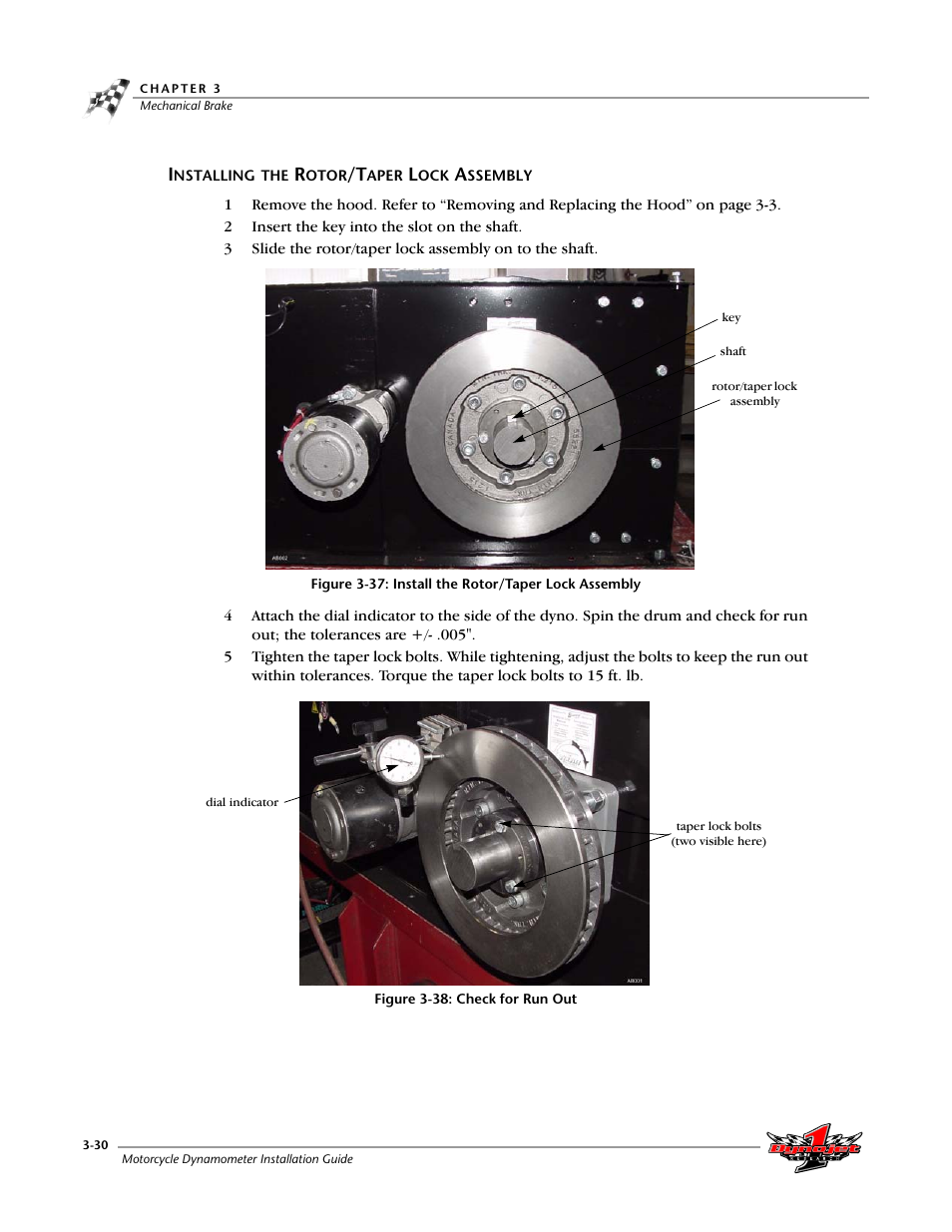 Installing the rotor/taper lock assembly, Figure 3-37: install the rotor/taper lock assembly, Figure 3-38: check for run out | Dynojet 200: Installation Guide User Manual | Page 60 / 73