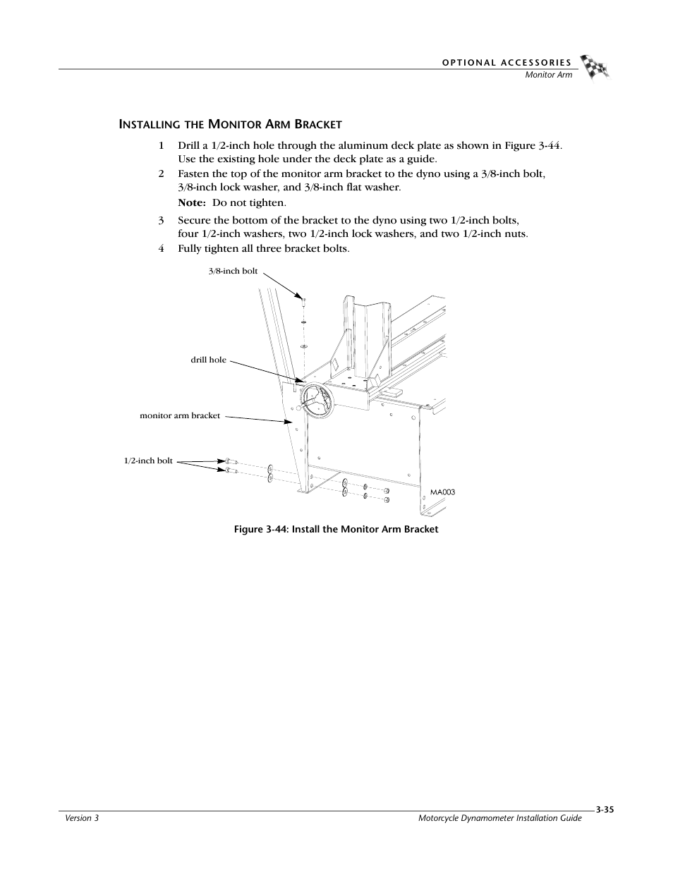 Installing the monitor arm bracket, Figure 3-44: install the monitor arm bracket | Dynojet 200: Installation Guide User Manual | Page 65 / 73