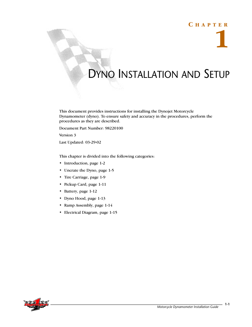 Dyno installation and setup, Chapter 1 dyno installation and setup | Dynojet 200: Installation Guide User Manual | Page 9 / 73