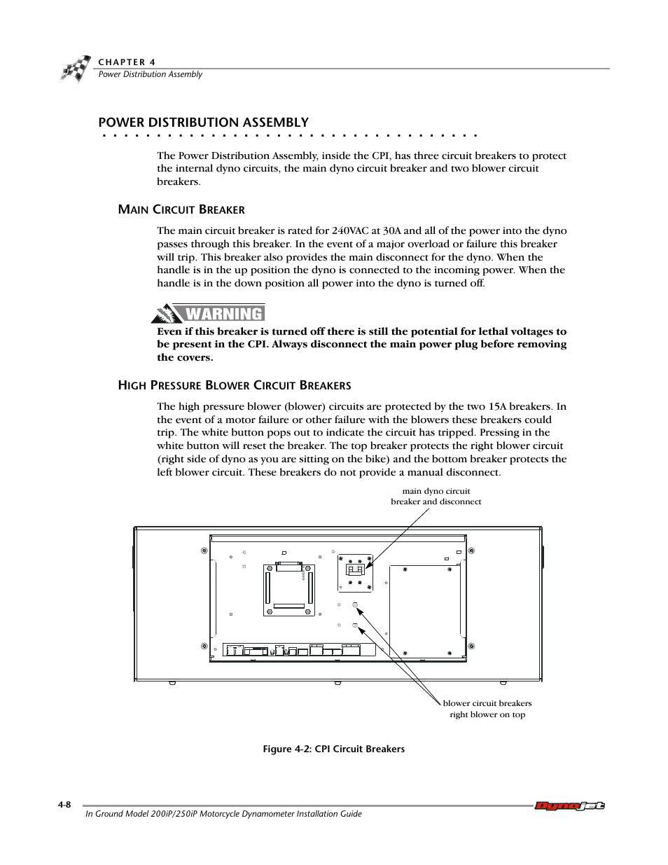 Power distribution assembly, Main circuit breaker, High pressure blower circuit breakers | Dynojet 250i: Pit Installation Guide User Manual | Page 106 / 154