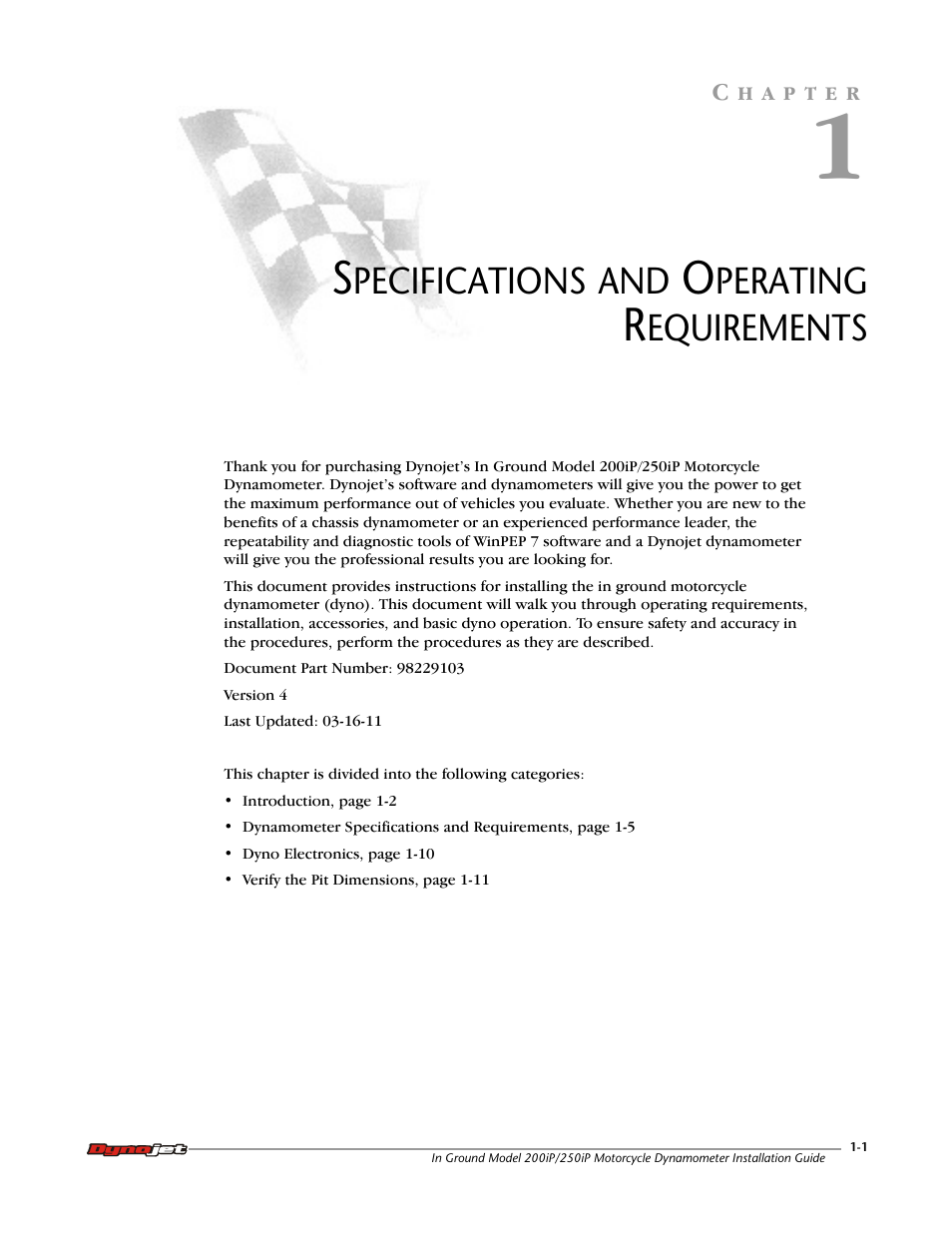 1 - specifications and operating requirements | Dynojet 250i: Pit Installation Guide User Manual | Page 11 / 154