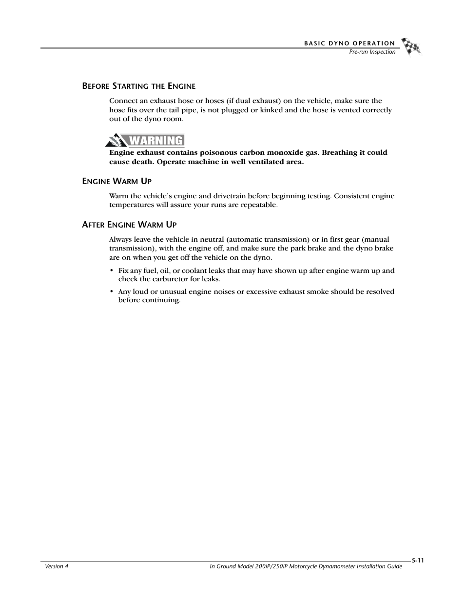 Before starting the engine, Engine warm up, After engine warm up | Dynojet 250i: Pit Installation Guide User Manual | Page 121 / 154