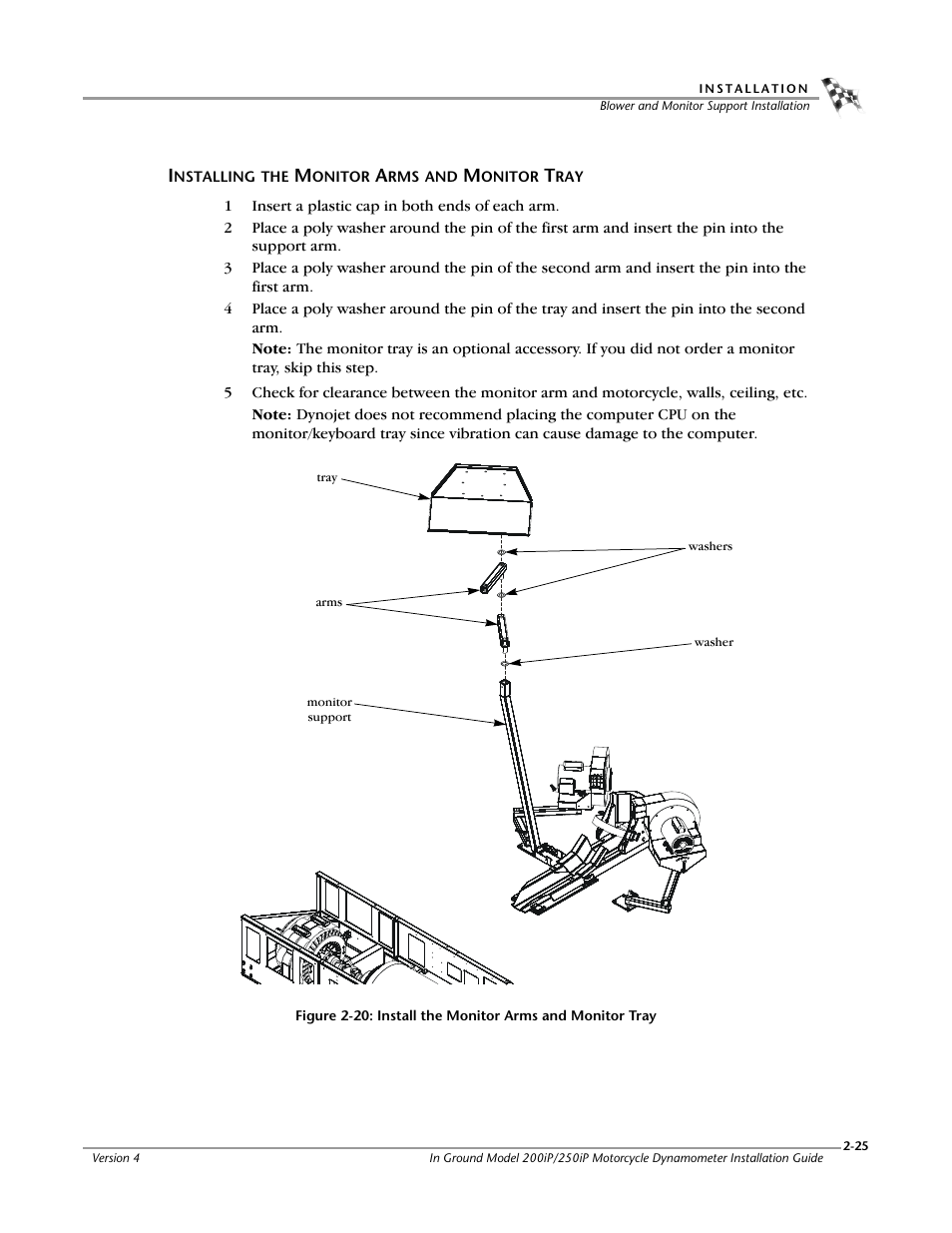 Installing the monitor arms and monitor tray | Dynojet 250i: Pit Installation Guide User Manual | Page 47 / 154