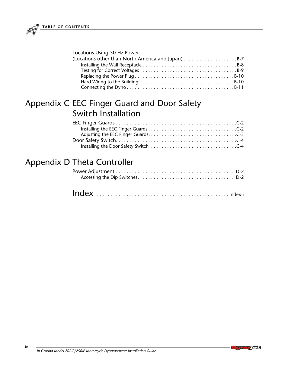 Appendix d theta controller, Index | Dynojet 250i: Pit Installation Guide User Manual | Page 6 / 154