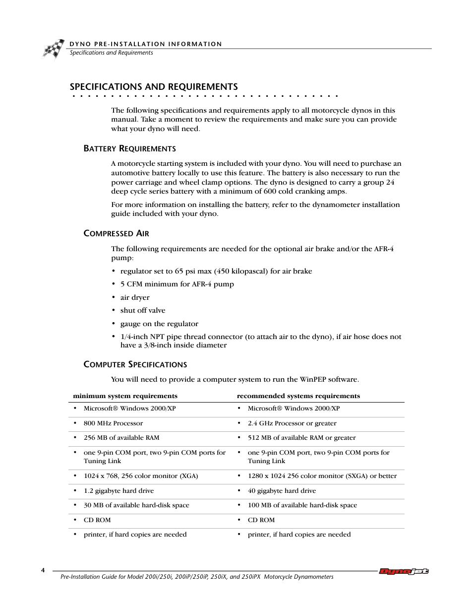 Specifications and requirements, Battery requirements, Compressed air | Computer specifications | Dynojet 250ix: Pre-Installation Guide User Manual | Page 12 / 52