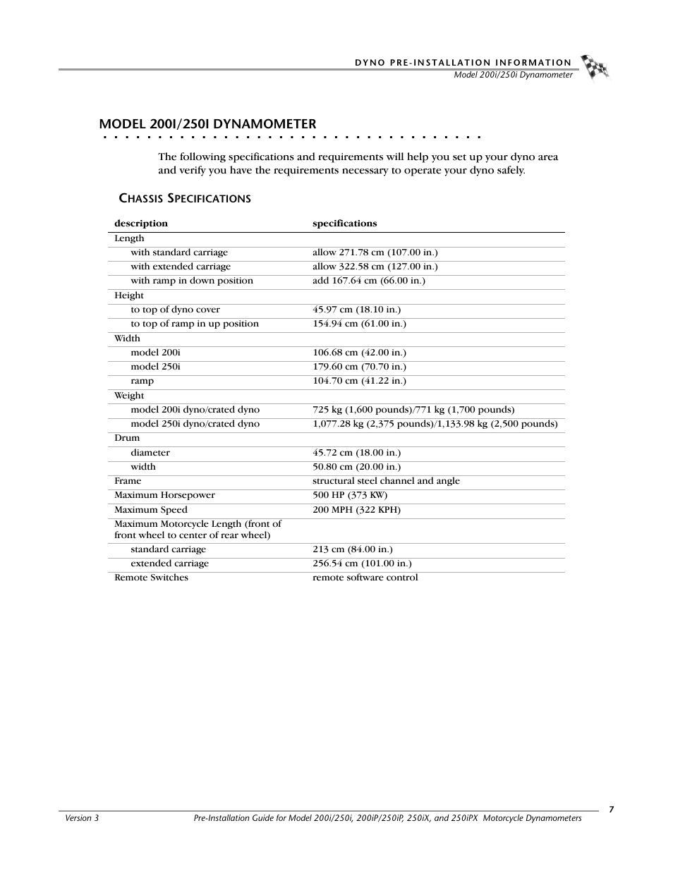 Model 200i/250i dynamometer, Chassis specifications | Dynojet 250ix: Pre-Installation Guide User Manual | Page 15 / 52