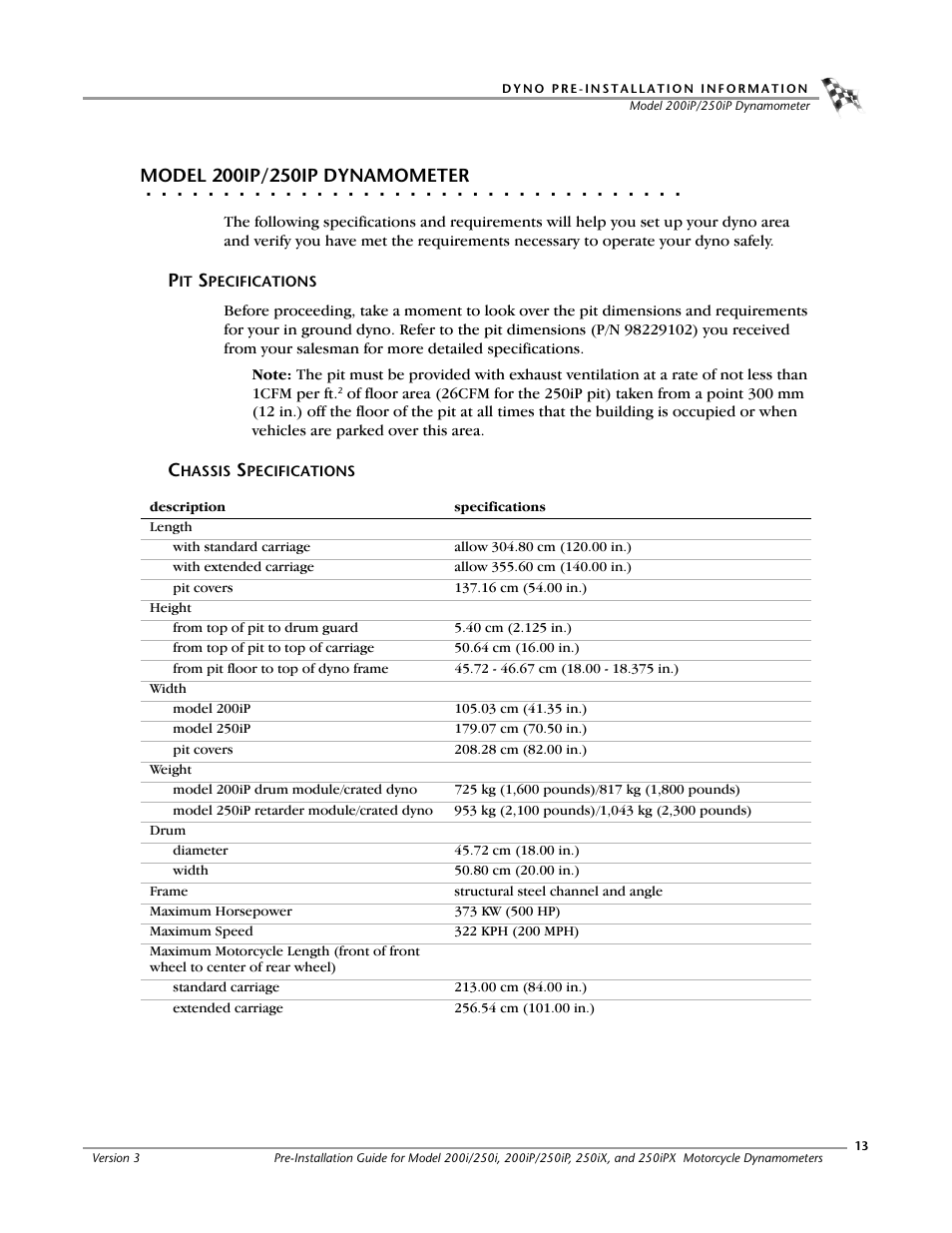 Model 200ip/250ip dynamometer, Pit specifications, Chassis specifications | Dynojet 250ix: Pre-Installation Guide User Manual | Page 21 / 52