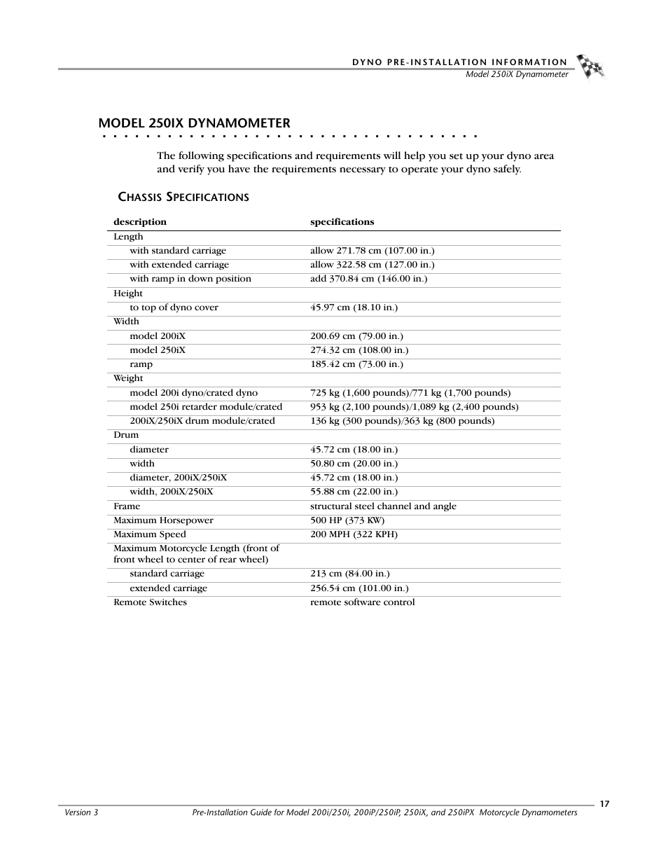 Model 250ix dynamometer, Chassis specifications | Dynojet 250ix: Pre-Installation Guide User Manual | Page 25 / 52