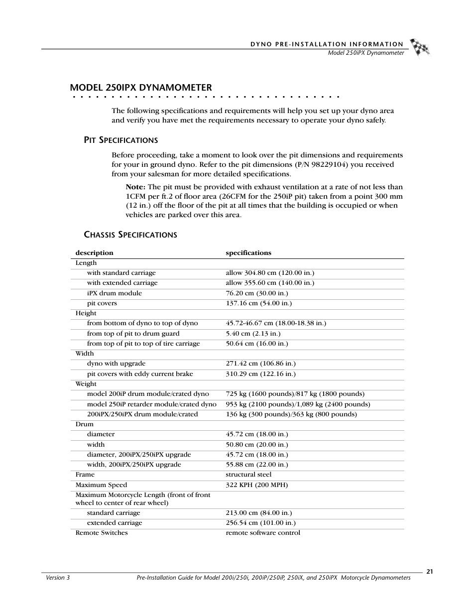 Model 250ipx dynamometer, Pit specifications, Chassis specifications | Dynojet 250ix: Pre-Installation Guide User Manual | Page 29 / 52