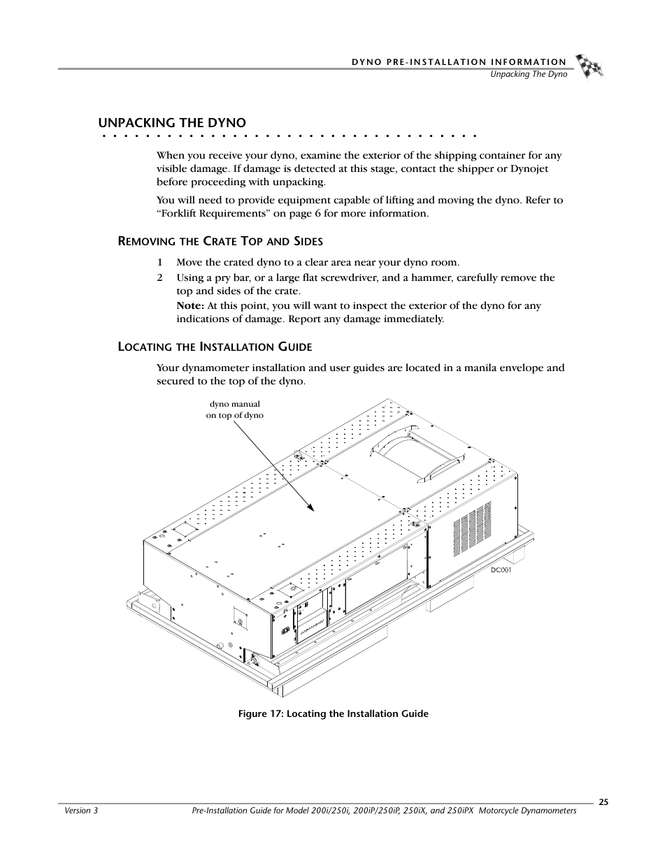 Unpacking the dyno, Removing the crate top and sides, Locating the installation guide | Dynojet 250ix: Pre-Installation Guide User Manual | Page 33 / 52