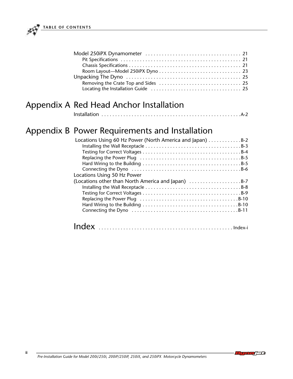 Appendix a red head anchor installation, Appendix b power requirements and installation, Index | Dynojet 250ix: Pre-Installation Guide User Manual | Page 4 / 52