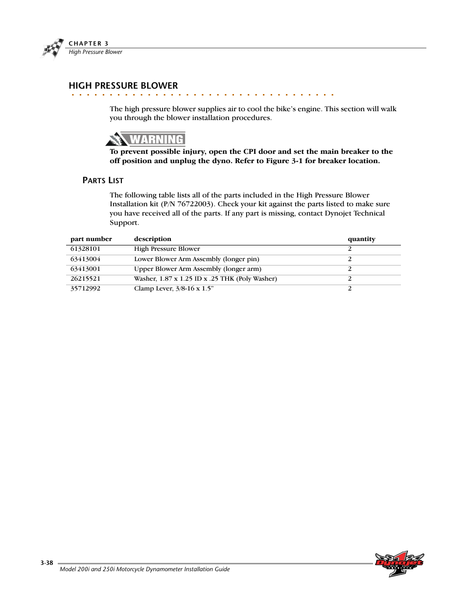 High pressure blower, Parts list -38 | Dynojet 250i: Installation Guide User Manual | Page 104 / 184