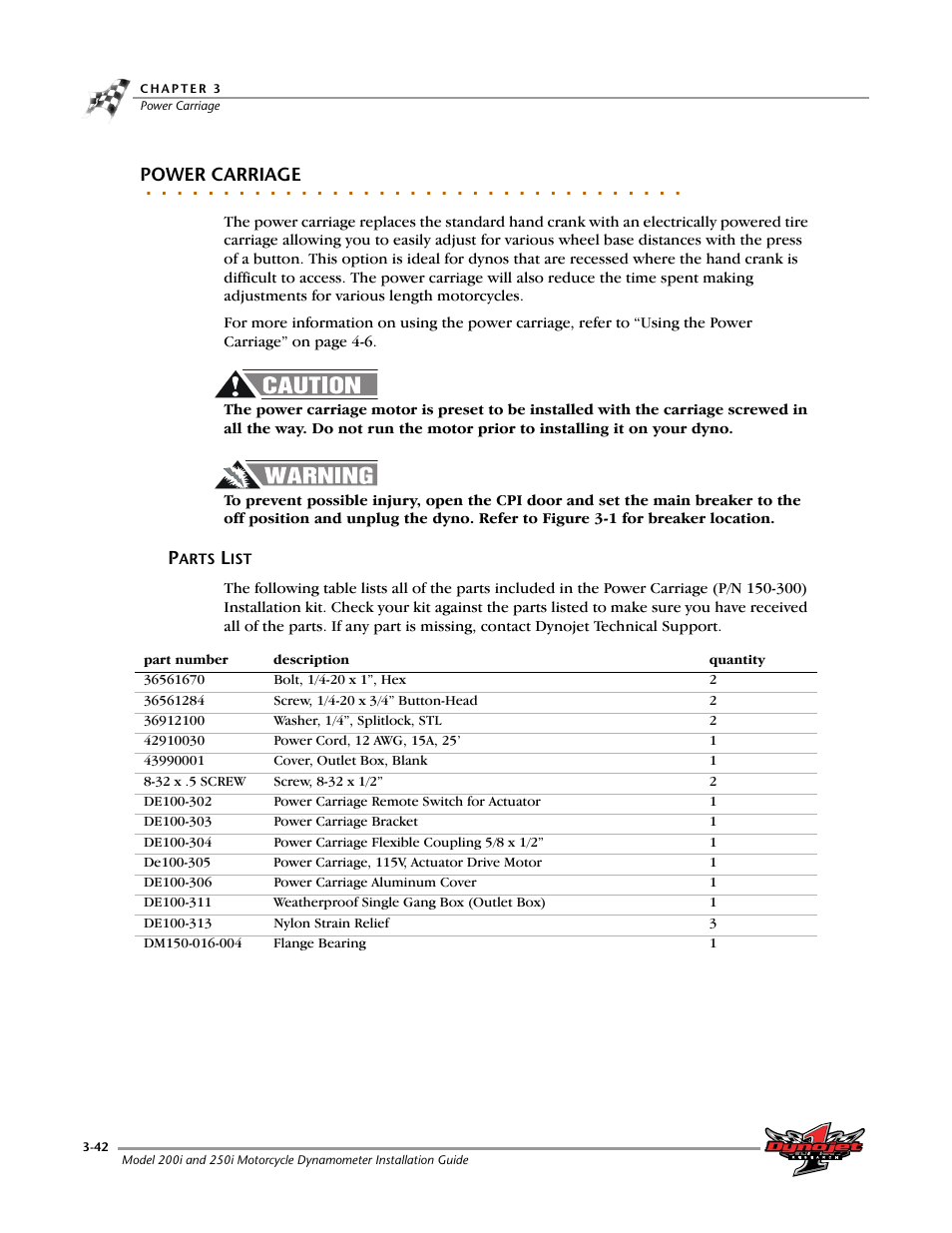 Power carriage, Parts list -42 | Dynojet 250i: Installation Guide User Manual | Page 108 / 184