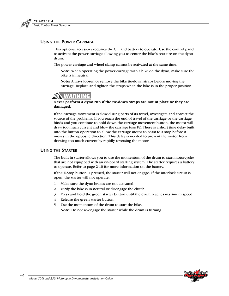 Using the power carriage -6 using the starter -6 | Dynojet 250i: Installation Guide User Manual | Page 122 / 184