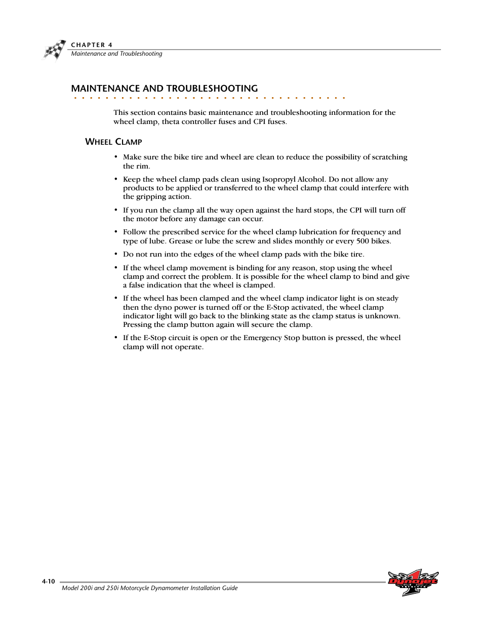 Maintenance and troubleshooting, Wheel clamp -10 | Dynojet 250i: Installation Guide User Manual | Page 126 / 184