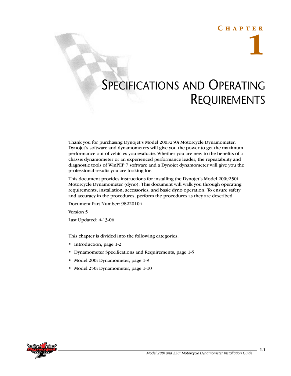 Specifications and operating requirements, Chapter 1 | Dynojet 250i: Installation Guide User Manual | Page 13 / 184