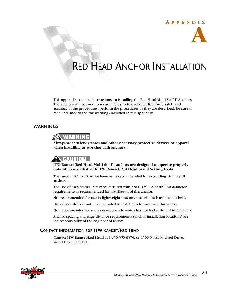 Red head anchor installation, Appendix a red head anchor installation, Warnings | Nchor, Nstallation | Dynojet 250i: Installation Guide User Manual | Page 141 / 184