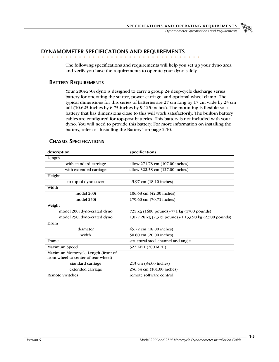 Dynamometer specifications and requirements, Battery requirements -5 chassis specifications -5 | Dynojet 250i: Installation Guide User Manual | Page 17 / 184