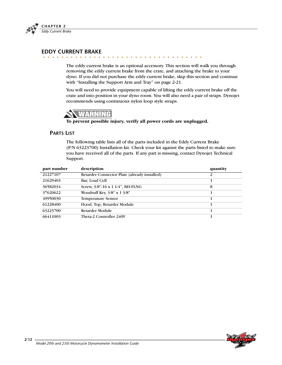 Eddy current brake, Parts list -12 | Dynojet 250i: Installation Guide User Manual | Page 34 / 184