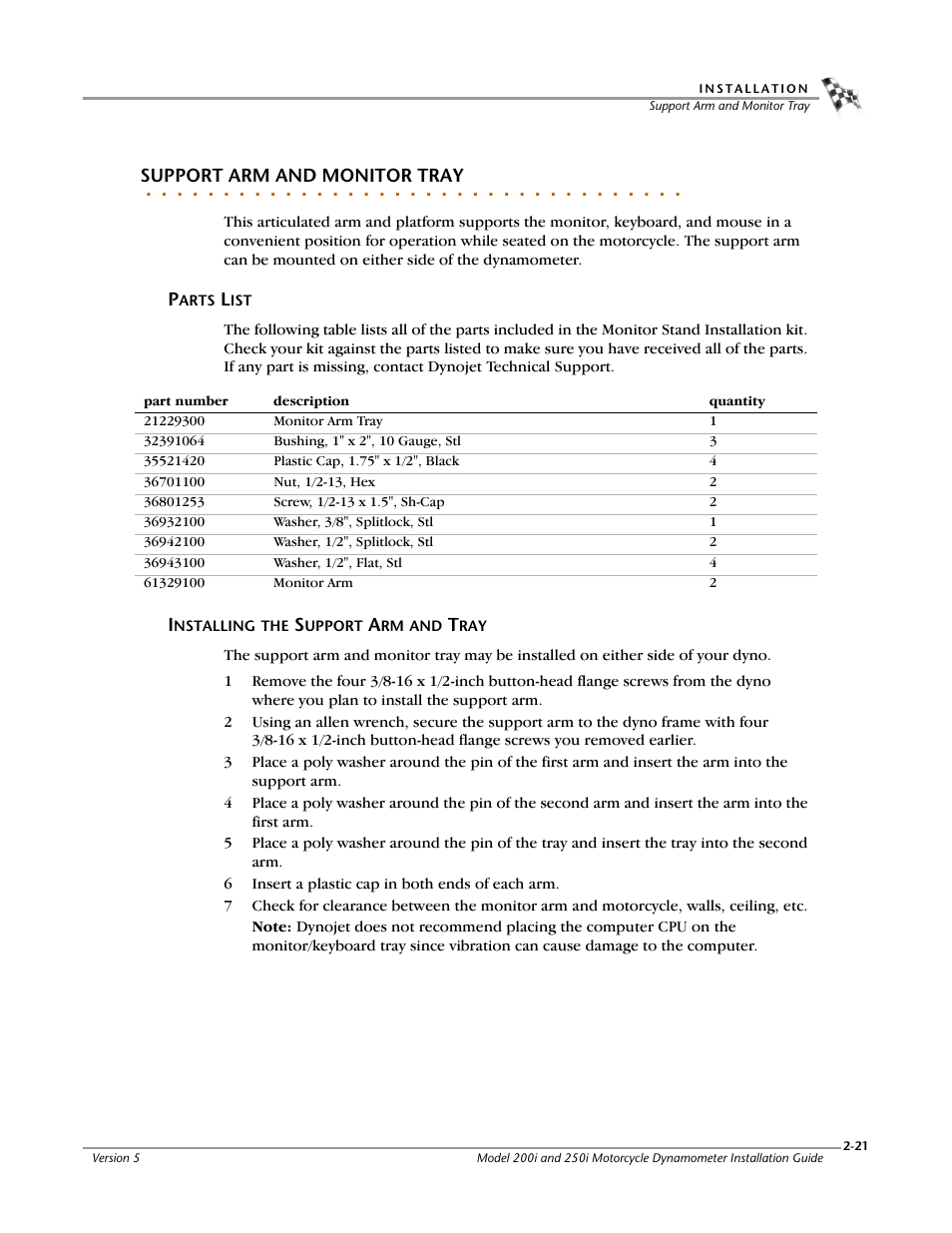 Support arm and monitor tray | Dynojet 250i: Installation Guide User Manual | Page 43 / 184