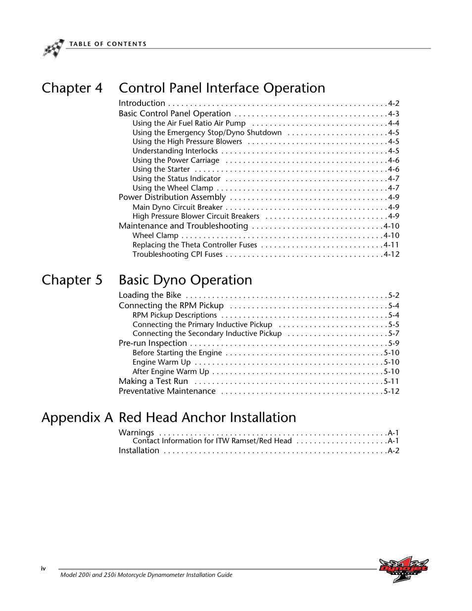 Chapter 4 control panel interface operation, Chapter 5 basic dyno operation, Appendix a red head anchor installation | Dynojet 250i: Installation Guide User Manual | Page 6 / 184