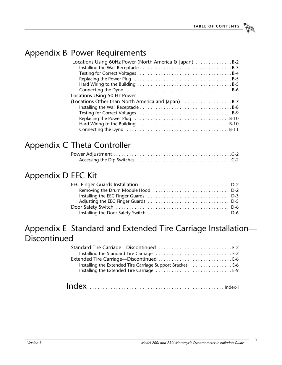 Appendix b power requirements, Appendix c theta controller, Appendix d eec kit | Index | Dynojet 250i: Installation Guide User Manual | Page 7 / 184