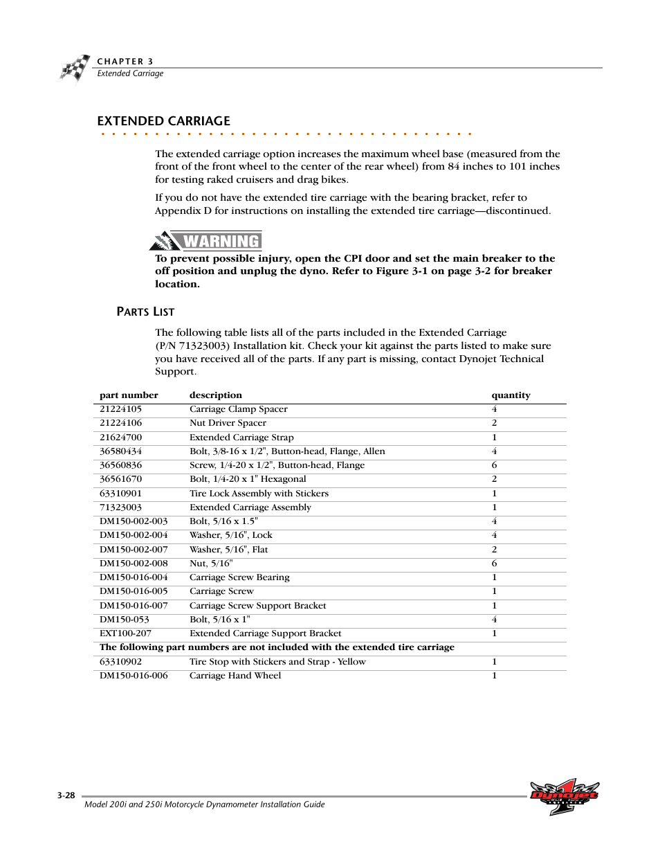 Extended carriage, Parts list -28 | Dynojet 250i: Installation Guide User Manual | Page 94 / 184