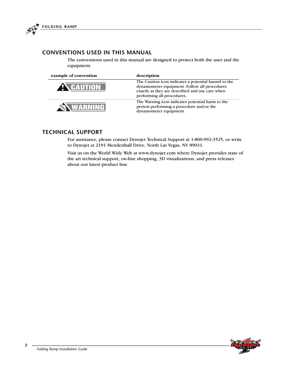 Conventions used in this manual, Technical support | Dynojet 250i: Folding Ramp User Manual | Page 6 / 15