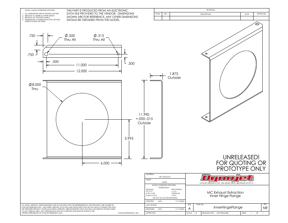 For quoting or, Prototype only, Unreleased | Inner hinge flange, Ainnerhingeflange, Nr mc exhaust extraction | Dynojet 250i: Motorcycle Exhaust Extraction System Drawings User Manual | Page 10 / 18