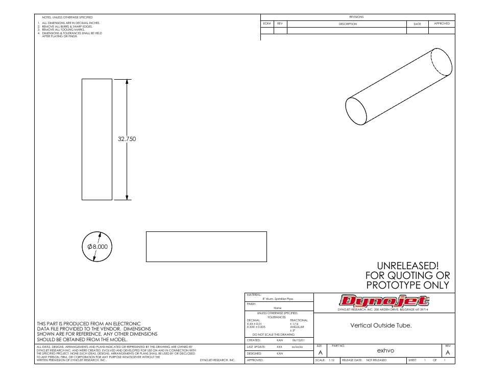 Unreleased! for quoting or prototype only, Vertical outside tube, Aexhvo | Dynojet 250i: Motorcycle Exhaust Extraction System Drawings User Manual | Page 11 / 18