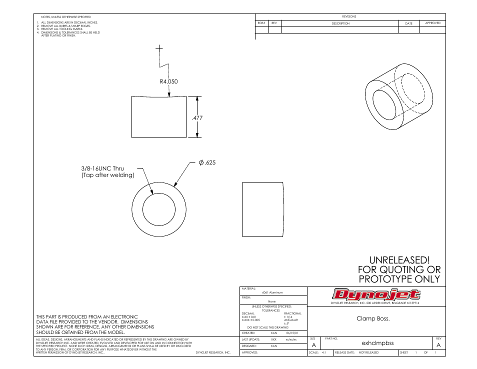 Unreleased! for quoting or prototype only, Clamp boss, Aexhclmpbss | Dynojet 250i: Motorcycle Exhaust Extraction System Drawings User Manual | Page 12 / 18