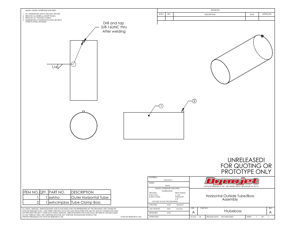 Unreleased! for quoting or prototype only, Horizontal outside tube/boss assembly, Ahtubeboss | Dynojet 250i: Motorcycle Exhaust Extraction System Drawings User Manual | Page 13 / 18