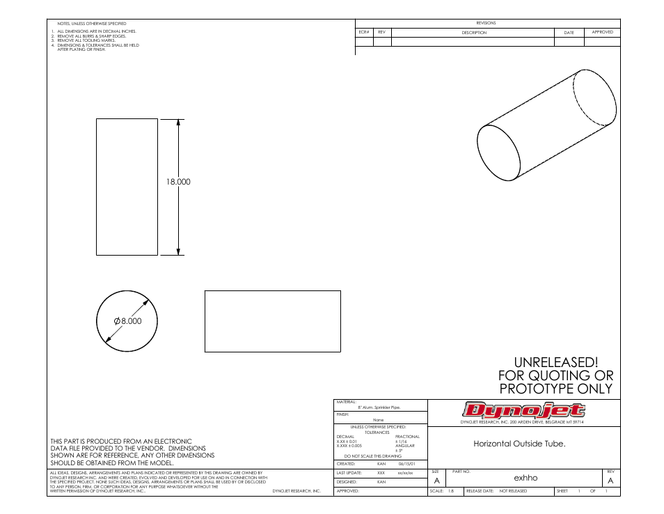 Unreleased! for quoting or prototype only, Horizontal outside tube, Aexhho | Dynojet 250i: Motorcycle Exhaust Extraction System Drawings User Manual | Page 14 / 18