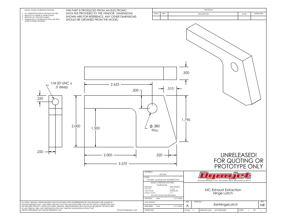 For quoting or, Prototype only, Unreleased | Hinge latch, Aexhhingelatch, Nr mc exhaust extraction | Dynojet 250i: Motorcycle Exhaust Extraction System Drawings User Manual | Page 18 / 18