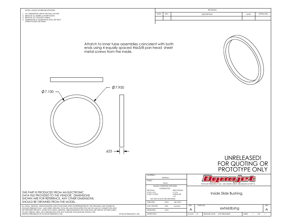 Unreleased! for quoting or prototype only, Inside slide bushing, Aexhisldbshg | Dynojet 250i: Motorcycle Exhaust Extraction System Drawings User Manual | Page 7 / 18