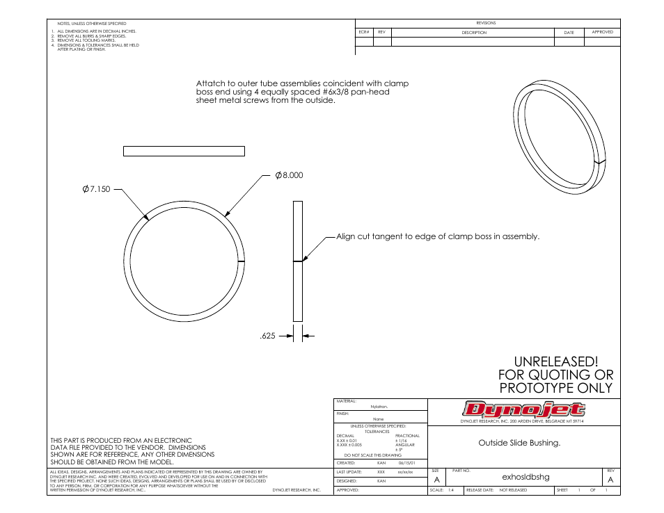 Unreleased! for quoting or prototype only, Outside slide bushing, Aexhosldbshg | Dynojet 250i: Motorcycle Exhaust Extraction System Drawings User Manual | Page 8 / 18