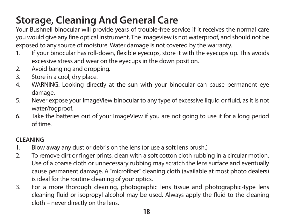 Storage, cleaning and general care | Bushnell IMAGE VIEW 118322 User Manual | Page 18 / 20