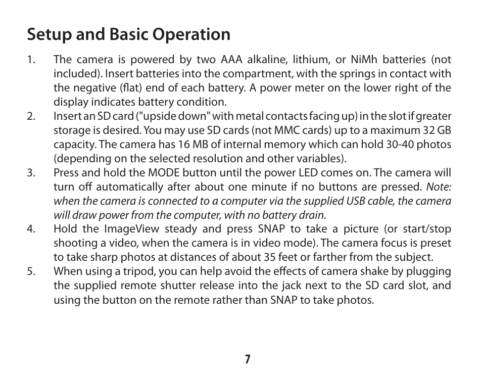 Setup and basic operation | Bushnell IMAGE VIEW 118322 User Manual | Page 7 / 20