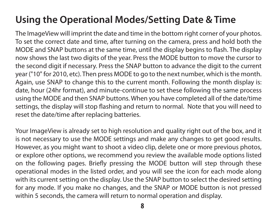 Using the operational modes/setting date & time | Bushnell IMAGE VIEW 118322 User Manual | Page 8 / 20