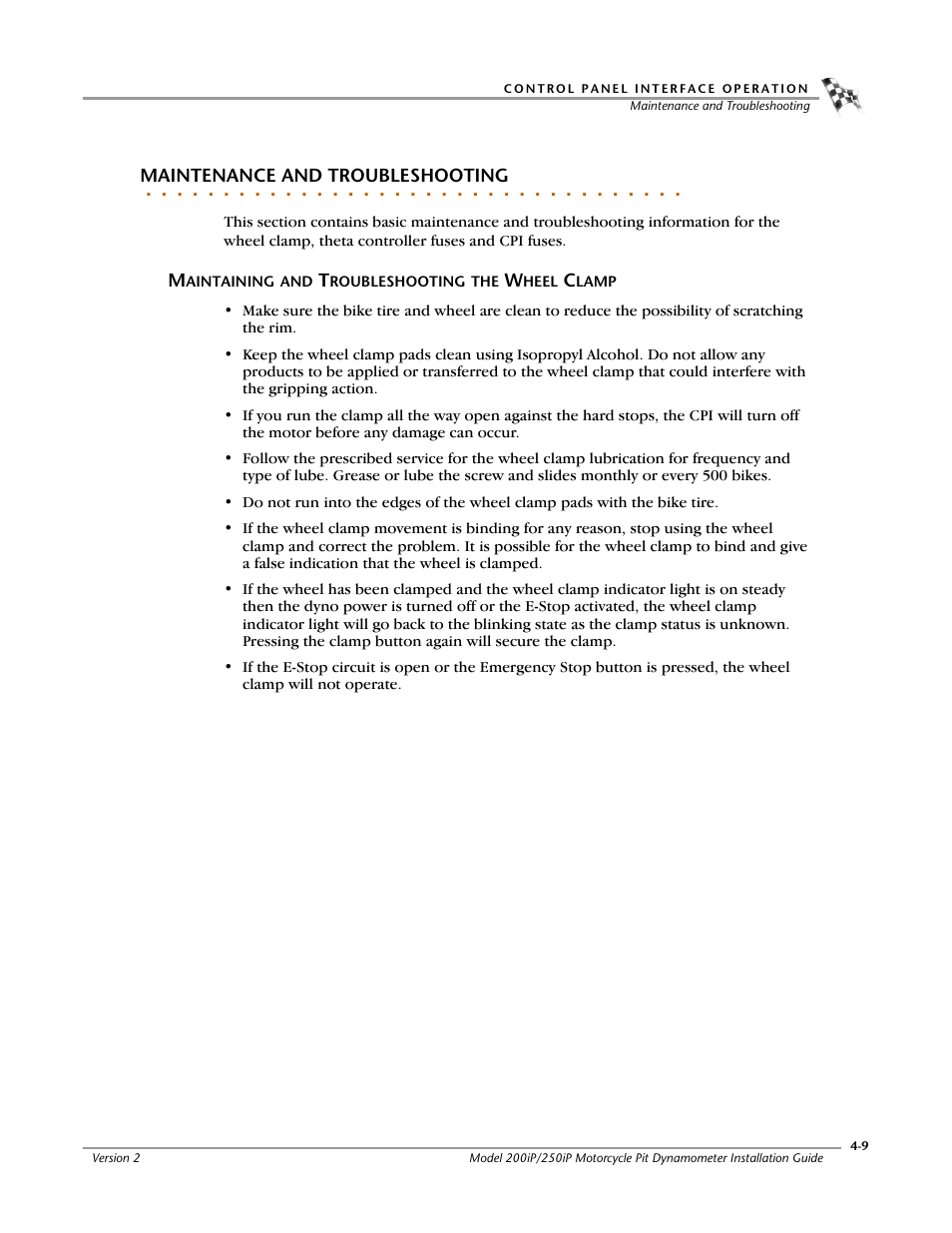 Maintenance and troubleshooting, Maintaining and troubleshooting the wheel clamp, Maintaining and troubleshooting the wheel clamp -9 | Dynojet 250iP: Pit Installation Guide User Manual | Page 103 / 148