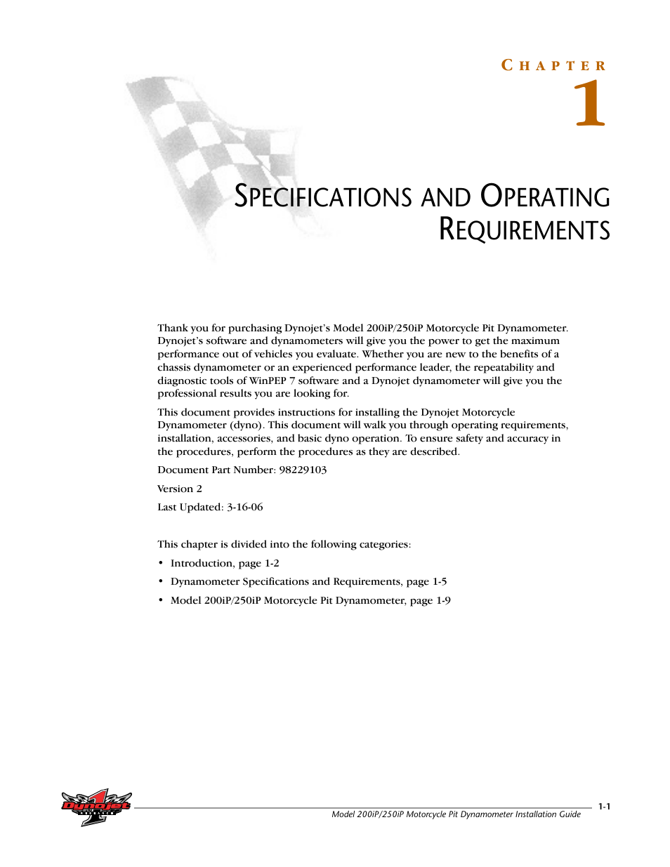 Specifications and operating requirements, Chapter 1 | Dynojet 250iP: Pit Installation Guide User Manual | Page 11 / 148